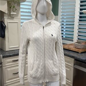 Ralph Lauren White Zip-Up Cable Knit Sweater L
